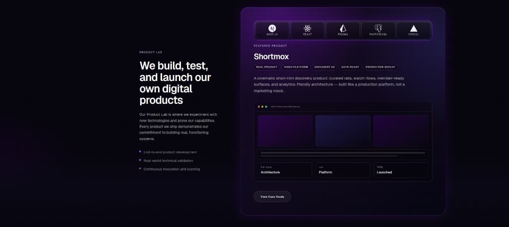 Product Lab marketing layout with Shortmox featured product card and tech stack