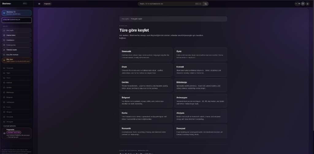 Shortmox TV explore-by-genre grid with Turkish navigation