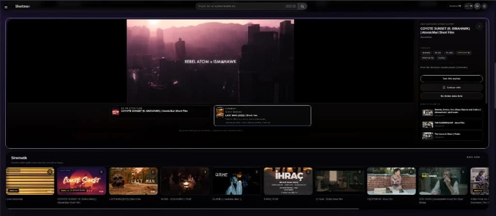 Shortmox TV interface with cinematic hero, search and language controls