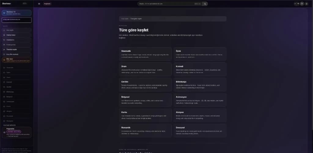 Shortmox TV explore-by-genre grid with Turkish navigation