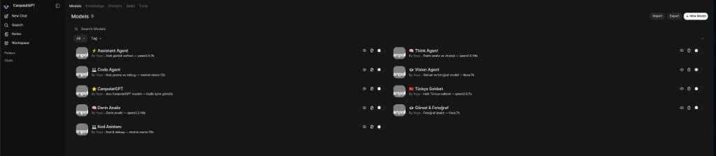 AI model management UI listing assistants, models, search and workspace navigation