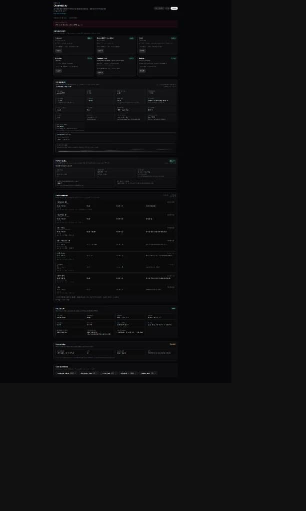 Observatory-style operations dashboard with service cards, infrastructure table, and performance vitals